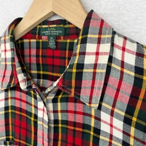 LAUREN JEANS Shirt Womens 2X Plus Flannel Plaid Western Roll Tab Cotton Red - Picture 1 of 16