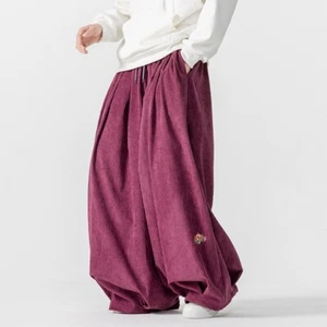 Men Corduroy Baggy Pants Elastic Waisted Hip Hop Loose Casual Trouser Wushu Wide - Picture 1 of 15