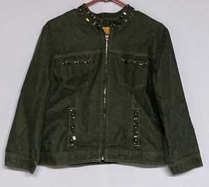 Ruby Rd Womens Denim Jacket Size 14 Black Gold Embellished Zip Up Metallic Beads - Picture 1 of 6