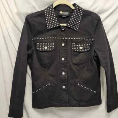 Chaqueta de mezclilla negra adornada Christine Alexander para mujer cierre a presión talla S Foto 1 de 4