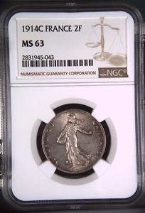2 Francs 1914 C France Castelsarrasin NGC MS63 France Francs - Picture 1 of 2
