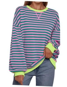 Oversized Sweatshirt for Women 2024 Fall Crewneck Striped Medium Pinkgreen - Picture 1 of 7