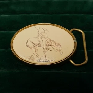 VTG BARLOW BELT BUCKLE SOLID BRASS BONE SCRIMSHAW Native American Indian onHorse - Picture 1 of 4