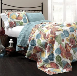 Lush Decor Layla Floral Leaf Print 3-pc Set King Orange/Blue Reversible - Picture 1 of 5