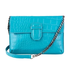 Womens Turquoise Leather Clutch Cross Shoulder Crocodile Printed Cowhide Tab Bag - Picture 1 of 3