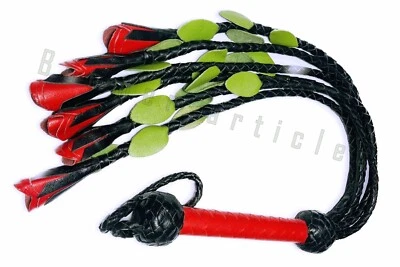 BOOMER ARTICLES Genuine Cow Hide Leather Flogger Fully HandMade Thick Braided Falls With Roses