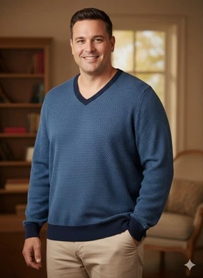 Jos. Suéter Pullover A Bank Talla 4XLT Cuello en V, Azul, Micro Geométrico. NS-26 Foto 1 de 4