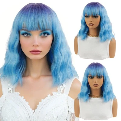 13" Ombre Blue Wigs for Women Short Curly Wavy Wig With Bangs Halloween Cosplay - Image 1 of 4