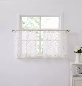 Pair of 30 x 36 Short White Kitchen Curtains with Brown Linen Thread. Use Our... - Picture 1 of 4