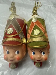 2 Vintage 60s Soldier Head Christmas Ornament 4.5” Plastic Elf Face Flocked - Picture 1 of 14