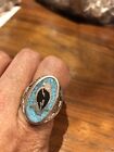 1980's Vintage Southwestern Silver Bronze 12.75 Hawk Real Turquoise Inlay Ring