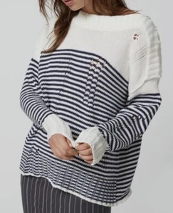 Urban Outfitters Distressed Sweater Women’s S Navy Ecru Striped Oversized NEW - Picture 1 of 16