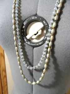 LOFT Tiered Beaded Necklace Multi-strand 34" Beige Wood Blue Bronze faceted bead - Bild 1 von 5