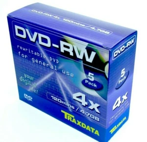 5 disques blancs réinscriptibles Traxdata DVD-RW 4,7 Go 120 minutes 4 x étui à bijoux - Photo 1/1
