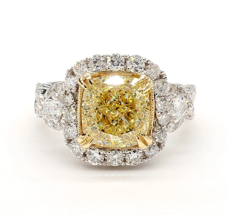 5CT Diamond Ring 18KT White Gold Natural Yellow Cushion Cut GIA Certified Size 6 - Image 1 of 4