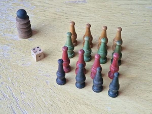 Set alte Spielfiguren Holzfiguren Würfel für antik Brett Spiel Steine Art Deco - Picture 1 of 10
