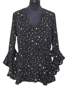 Blusa envolvente Simply Be para mujer con estampado de estrellas manga 3/4 negra Reino Unido 14 - Imagen 1 de 10