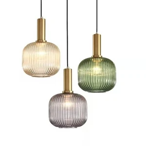 Vintage Green Ribbed Glass Pendant Light Hanging Ceiling Lamp Fixture for Bar - Picture 1 of 9