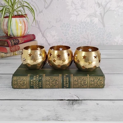 3 Round Small Brass Star Cut Tea Light Votive Candle Holders Celestial - Image 1 of 4