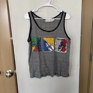 Mix It Womens Large Black White Stripe Vintage Bead Music Instruments Tank Top - Picture 1 of 7