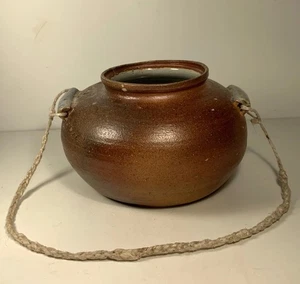 Vintage 1970s Japanese Bizenware Style Pottery Unglazed Hanging Pot Signed 8" - Picture 1 of 13