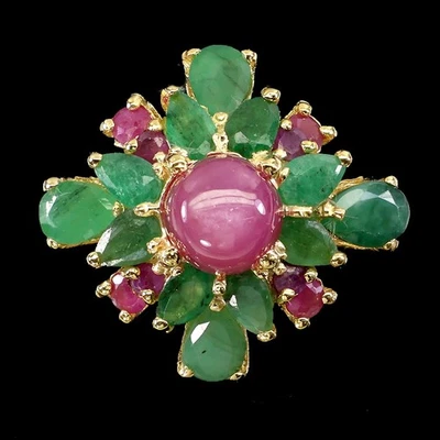 Anillo de plata de ley 925 redondo rubí 7 mm flor esmeralda piedras preciosas joyería tamaño 8 Foto 1 de 4