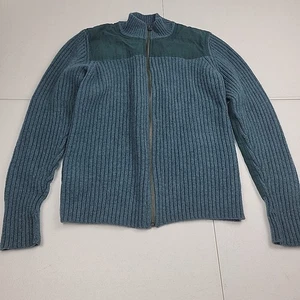 LL Bean Commando Sweater Womens L Reg Blue Green Merino Wool Full Zip Elbow Pads - Picture 1 of 14