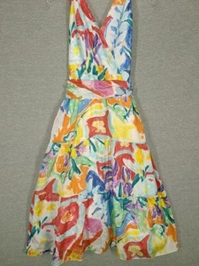 LAUREN Ralph Lauren Womens 100% Silk Halter Dress 8 Blue Orange Pink Romantic - Picture 1 of 15