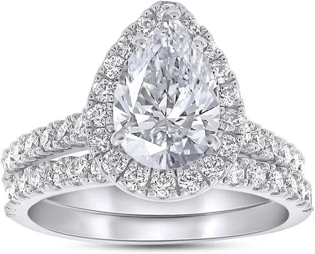 Halo Engagement Ring Set 2 Ct Pear & Round Cut Lab Grown Diamond 14K Gold Plated - Image 1 of 4