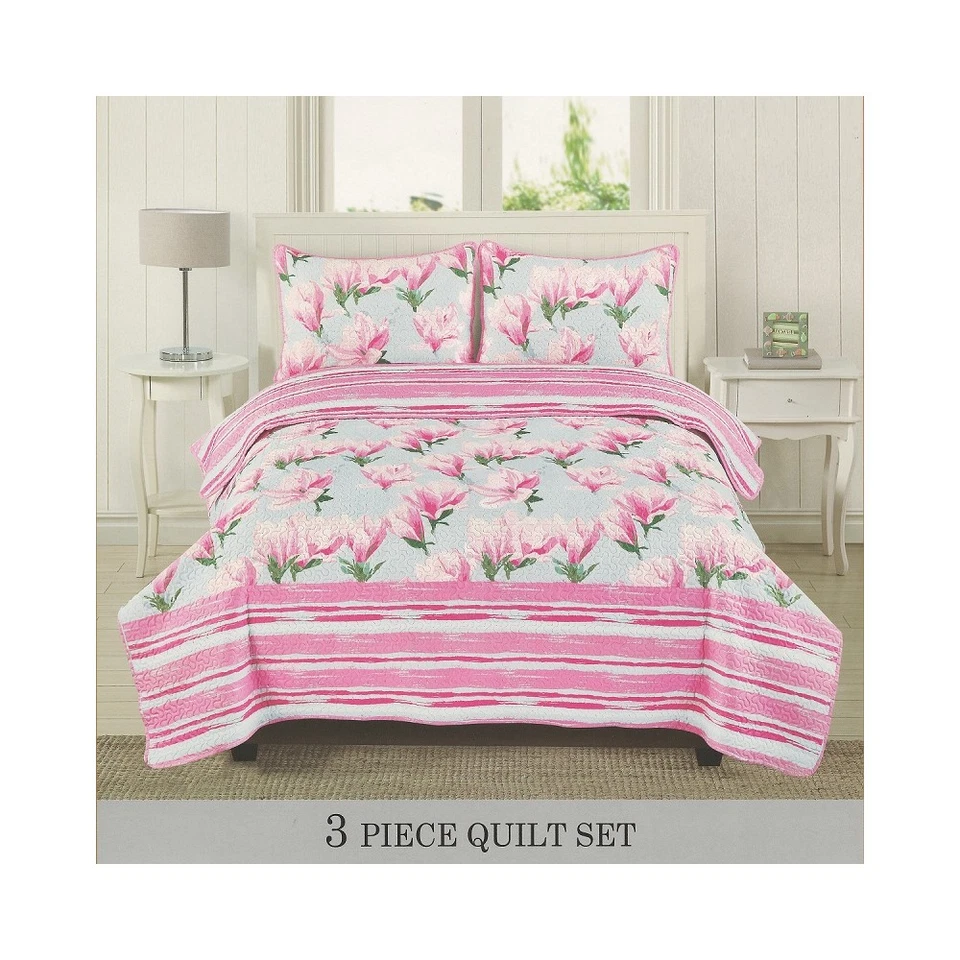 Juego de cama rosa floral colcha acolchada tamaño completo/queen y king Foto 1 de 1