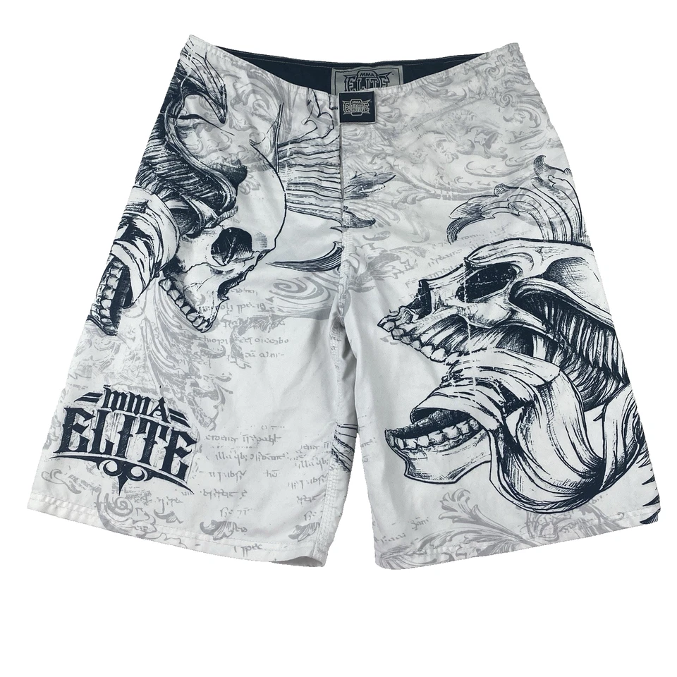 Pantalones Cortos de Board MMA Elite Traje de Baño Blanco Negro Calaveras Talla Mediana Cordón Gimnasio Foto 1 de 4