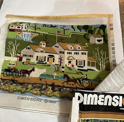 Vintage Nearly Finished Needlepoint Canvas 17.75 X 13.75 Outdoor Scene - Image 1 of 4