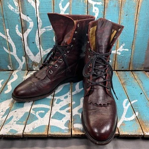 VTG Rare Justin Boots 514 Oxblood Red Leather Kiltie Lace-R Western Boot Men 9D - Picture 1 of 10
