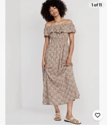 Maxi Vestido Old Navy Para Mujer Fuera del Hombro Talla XXL Alto Marrón Estampado Tropical Foto 1 de 4