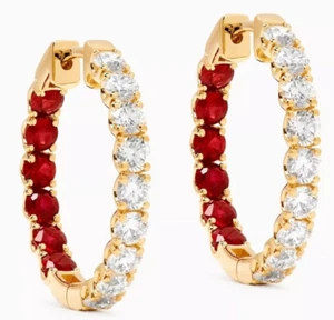 0.90ct Natural Diamond 14K Yellow Gold Ruby Wedding Anniversary Hoop Earrings - Picture 1 of 3