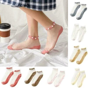Wholesale 7 Pairs Summer Women Socks Transparent Lace Pearl Cotton Ankle Socks - Picture 1 of 12