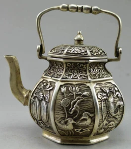 Collectible Decorated Old Handwork Tibet Silver Carve Fish Fruit Flower Tea Pot - Picture 1 of 6