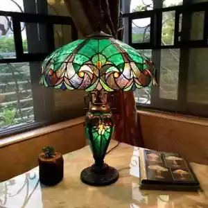 Tiffany Style Table Lamp Victorian Blue Amber Mission Lighted Base 24.5"Tall New - Picture 1 of 24