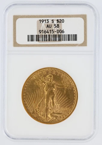 1913-S Saint Gaudens NGC AU58 $20 Double Eagle San Francisco Minted Gold Coin Cover