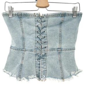 Forever 21 Damen Y2K Schnürung roher Saum Denim Korsett Röhre Top Größe S Medium Wash - Bild 1 von 8