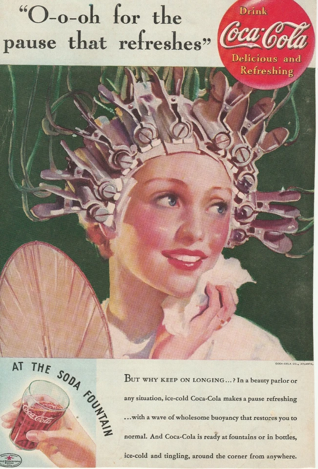 Coca-Cola Coke Print Ad Beauty Parlor Curlers Hair Salon 1935 Pause Refreshes - Image 1 of 1