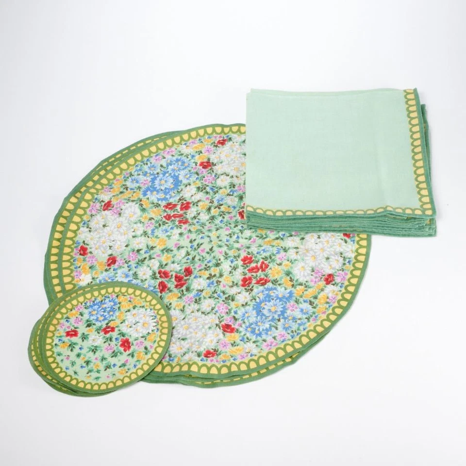 Vtg Green Yellow Floral Linen Cloth Coasters Placemats Napkins Granny Chic Lot - Image 1 of 4