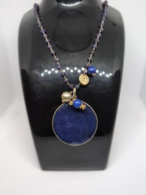 Lapis Lazuli Circle Pendant Gold Wire Wrapped Necklace - Image 1 of 4