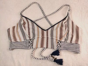Jessica Simpson Tankini Swim Top LARGE White Stripe Blue Orange Aztec Tassel Tie - Picture 1 of 11