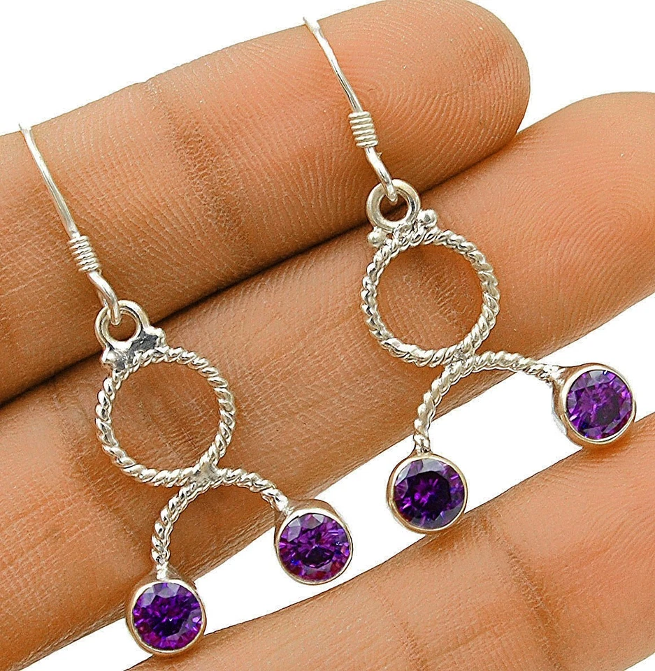 Natural Amethyst 925 Solid Sterling Silver Earrings 1 1/2'' Long @2-9 - Image 1 of 1