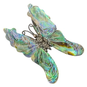 Vintage Abalone Butterfly 925 Marcasite Brooch Pin Large 3” Sterling Jewelry - Picture 1 of 7