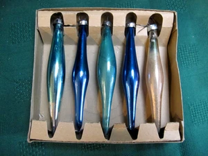 5 Vintage Blu/Bianco Goccia Ghiaccio Vetro Piuma Albero Ornamenti Scatola Fondo -Giappone - Foto 1 di 12