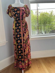 Vintage Danville Loungewear Silky Groovy Maxi House Dress 60s 70s Black Floral M - Picture 1 of 12