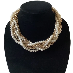 Collana tono oro e perle finte intrecciate dichiarazione vintage 17" - Foto 1 di 17