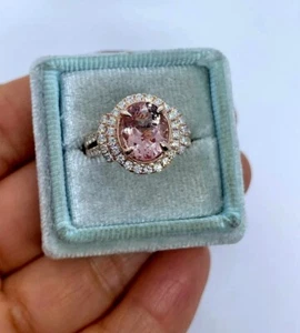 Oval Cut Simulated Peach Morganite Halo Pretty Wedding Ring 14k Rose Gold Plated - Picture 1 of 7